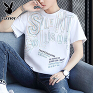 花花公子（PLAYBOY）純棉短袖t恤男士2025新款半袖體恤衫寬松潮流夏季男裝上衣服 Z860白色 M 【建議90-115斤】