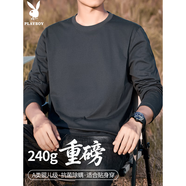 花花公子（PLAYBOY）240g重磅純棉長(zhǎng)袖t恤男精梳棉春秋季純色寬松不透圓領(lǐng)體恤打底衫 19508墨藍(lán)色 M (適合120斤以下)