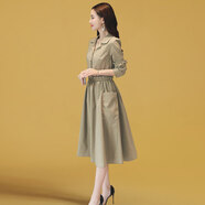 楚馨2025春秋季新款女裝時(shí)尚氣質(zhì)女士長(cháng)袖風(fēng)衣連衣裙中長(cháng)款襯衫裙裙子 卡其色 2XL (122-135斤)