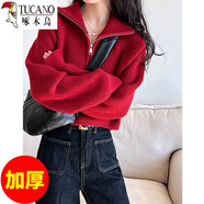 啄木鳥(niǎo)（TUCANO）美式復古毛衣女2025冬季新款外搭甜酷風(fēng)蝙蝠袖半拉鏈休閑套頭上衣 紅色(加.厚) L 【105-115斤穿】
