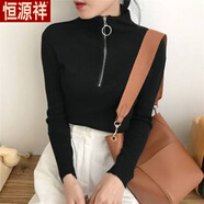 恒源祥針織羊毛衫女軟妹半高領(lǐng)圓環(huán)拉鏈短款緊身修身毛衣厚秋冬學(xué)生 黑色-旗艦款 L