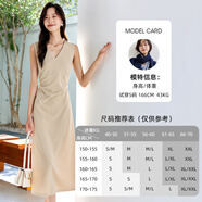 歐昵雪2025夏季新款女無袖V領(lǐng)時(shí)尚休閑縮褶修身顯瘦氣質(zhì)連衣裙 卡其色 S