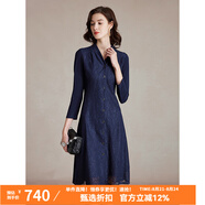 MORELINE沐蘭輕奢設計感蕾絲拼接連衣裙2025年春新款高級感V領(lǐng)A字裙中長(cháng)款 藏藍 L