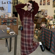 拉夏貝爾（La Chapelle）針織連衣裙女裝新款2025年秋冬裙小個子氣質(zhì)中長款兩件套套裝裙子 紅色毛衣+背帶裙[高質(zhì)量] 兩件套 3XL 建議135-150斤