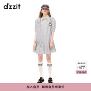 DZZIT地素春夏新款法式復古泡泡袖徽章設計條紋短袖連衣裙3H2O4452T 深藍色 XS