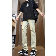 益帛微喇牛仔褲男士夏季薄款美式高街黃泥染做舊寬松休閑直筒長褲子男 黃泥色破洞 L 【建議105-120斤】