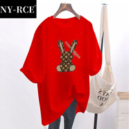 NY-RCE歐洲站新款春夏季卡通白色中長(cháng)款短袖T恤女寬松上衣ins 紅色 S