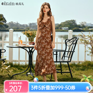 Olrain歐芮兒吊帶碎花連衣裙夏季女裝浪漫優(yōu)雅長裙子度假沙灘裙 水仙咖 XL