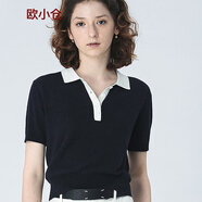 歐小倉撞色翻領(lǐng)藏青色polo衫 Miu風(fēng)亞麻短袖針織衫女夏 5193 藏青色 M