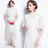 實(shí)拍現貨歐洲站夏季新款白色蕾絲長(cháng)裙泡泡袖氣質(zhì)收腰顯瘦a字裙 珍珠白 S