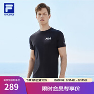 FILA官方男子短袖T恤夏季簡約圓領運動男裝上衣休閑針織套頭衫 深黑-BK（新版） 3XL 190/108A