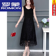 羅蒙（ROMON）夏季薄款外穿打底吊帶背心裙大尺碼顯瘦無袖連衣裙女中長款蕾絲裙 663黑色 5XL 155-170斤