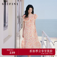 詩凡黎（'SEIFINI）【灼灼桃花】詩凡黎粉色碎花軟感荷葉邊吊帶裙娃娃領(lǐng)海邊度假裙女 粉色荷葉領(lǐng) M 160/84A
