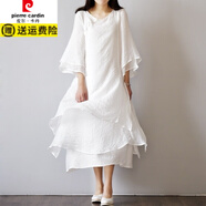 皮爾卡丹（pierre cardin）女裝棉麻文藝雙層連衣裙復古森女系禪意改良漢服長(cháng)裙夏連衣裙 白色 L
