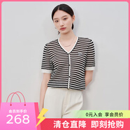 敦奴（DUNNU）dunnu敦奴2024夏季新款V領(lǐng)顯瘦鏤空撞色條紋針織衫女 正黑色 L