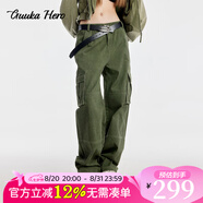 古由卡（GUUKA）HERO多口袋直筒休閑工裝長褲女士潮牌顯腿長高級分割褲子寬松百搭 軍綠 M