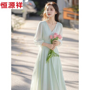 恒源祥雪紡連衣裙女2025春夏多巴胺掐腰V領(lǐng)海邊度假法式氣質(zhì)名媛長裙子 薄荷綠連衣裙 M 【建議95-105斤】
