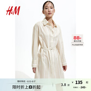 H&M女裝連衣裙25秋新款時尚透氣亞麻混紡及膝襯衫式連衣裙1275768 淺米色/條紋 S 160/88
