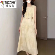 啄木鳥（TUCANO）超仙連衣裙2025夏季新款無(wú)袖長(zhǎng)裙度假高檔氣質(zhì)法式遮肉顯瘦長(zhǎng)裙 圓領(lǐng)琥珀黃色 L (建議108-125斤)