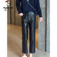 啄木鳥(niǎo)秋冬新款黑色PU皮褲感氣質(zhì)顯瘦百搭直筒褲時(shí)尚高腰九分煙管褲 黑色薄 輕薄 S 【85-95斤】