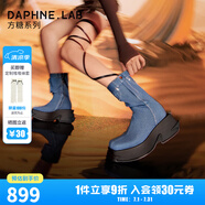 DAPHNE LAB達芙妮方糖短靴厚底增高復(fù)古牛仔口袋煙筒靴9.5CM女靴 牛仔藍(lán) 39