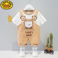 G.DUCKKIDS童裝寶寶短袖套裝2024夏季男女童短袖套裝可愛(ài)背帶褲卡通圖案衣服 卡其色 100 cm