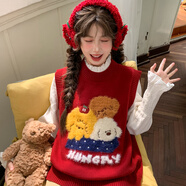 森女部落前4小時88折森女部落慵懶風可愛小狗刺繡長袖毛衣女2025新款秋 紅色馬甲 M