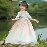 芭米諾女童中秋節漢服儒裙超仙夏款小女孩古風(fēng)連衣裙兒童古裝 綠色 140