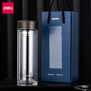 得力雙層加厚玻璃杯 高硼硅玻璃杯帶茶隔水杯 304茶隔泡茶杯男士410mL