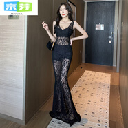 京芽性感連衣裙拼接蕾絲足浴按摩桑拿技師工作服透視裝晚禮服夜場(chǎng)長(cháng)裙 黑色有內搭party/派對/晚宴/宴會(huì ) M 絕美//小個(gè)子/掐腰裙/設計感/