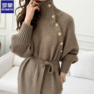 羅蒙高端針織連衣裙女裝秋冬毛衣長(cháng)裙打底連衣裙復古別致紐扣洋氣高領(lǐng) 駝色 2XL 建議125-135斤