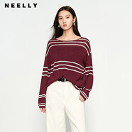 NEELLY納儷商場(chǎng)同款春季新款條紋一字肩針織衫女圓領(lǐng)顯白修身毛衣 紫檀色 S