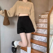溥畔黑色拉鏈金扣復古高腰毛呢短褲女秋冬季寬松闊腿呢子靴褲打底 黑色#4079毛呢 S