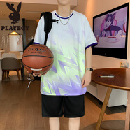 花花公子（PLAYBOY）夏季冰絲t恤男孩12-15歲青少年學(xué)生短袖籃球服13大童速干運動套裝 TZ03白色(短袖+短褲) 品質(zhì)保證 M 80-100斤左右