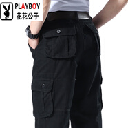 花花公子（PLAYBOY）多口袋工裝褲男士加肥加大含棉直筒寬松戶(hù)外耐磨休閑大碼肥佬褲子 【六口袋】黑色 40 3尺1