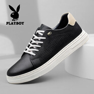 花花公子（PLAYBOY）輕奢高端商務(wù)正裝真皮休閑皮鞋男鞋2025春秋季新款板鞋男士鞋子男 黑色 39