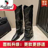 西域駱駝2025秋冬復(fù)古尖頭西部牛仔靴女棕色鉚釘褲管靴百搭粗跟長(zhǎng)筒靴 黑色-升級(jí)版-駱駝官方品牌官網(wǎng)旗 35