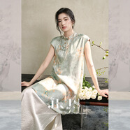 JK&JS【照晚晴】人絲香云紗工藝連衣裙旗袍新中式開(kāi)叉裙子 玉簪綠 S