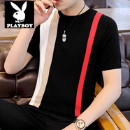 花花公子（PLAYBOY）冰絲短袖t恤男潮牌針織衫半袖上衣男士夏季冰感絲滑白色圓領(lǐng)體恤 1815黑色 M