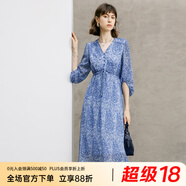 顏域藍(lán)色氣質(zhì)連衣裙女裝2024新款春季收腰顯瘦七分袖V領(lǐng)碎花裙子 藍(lán)花 L/40