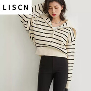 LISCN歐美半拉鏈條紋套頭毛衣女秋冬軟糯寬松慵懶翻領顯瘦針織上衣 米色 均碼