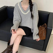 LISCN韓系蕾絲拼接V領(lǐng)灰色麻花毛衣女2025秋冬新款寬松減齡套頭針織衫 灰色 均碼