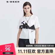 S.DEER圣迪奧夏季女裝時(shí)尚圓領(lǐng)抽褶拼接不規(guī)則短袖T恤S21280117 炭黑紫/93 S 160