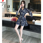 皮爾卡丹（pierre cardin）v領碎花印花連衣裙2024小個子茶歇七分喇叭袖收腰雪紡連衣裙短裙 藍色 S 建議85-96斤
