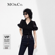 MO&Co.【新中式】針織衫泡泡袖拼接斜襟盤扣v領(lǐng)短款上衣 黑色 XS 155