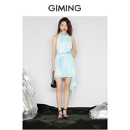 GIMING【商場同款】設計師品牌時尚新款掛脖露肩雙層拼接蛋糕裙女 藍印花 L
