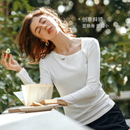 Olrain歐芮兒灰色長(cháng)袖T恤女裝秋季通勤斜肩設計感打底衫上衣 米白色 XL