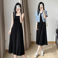 無(wú)標優(yōu)品中長(cháng)牛仔裙春夏黑色顯瘦吊帶背心裙中長(cháng)款牛仔短外套搭配 牛仔外套+黑色背心裙 套裝 S