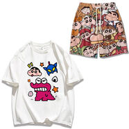 安初夏卡通蠟筆小新短袖T恤男純棉情侶裝可愛閨蜜裝寬松夏天休閑套裝潮 套裝【白色短袖+蠟】 XL 【建議115-130斤】