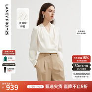 朗姿【Basic衣櫥】法式米白色V領(lǐng)上衣女新款襯衫法式長袖襯衣女 米白色2 M
